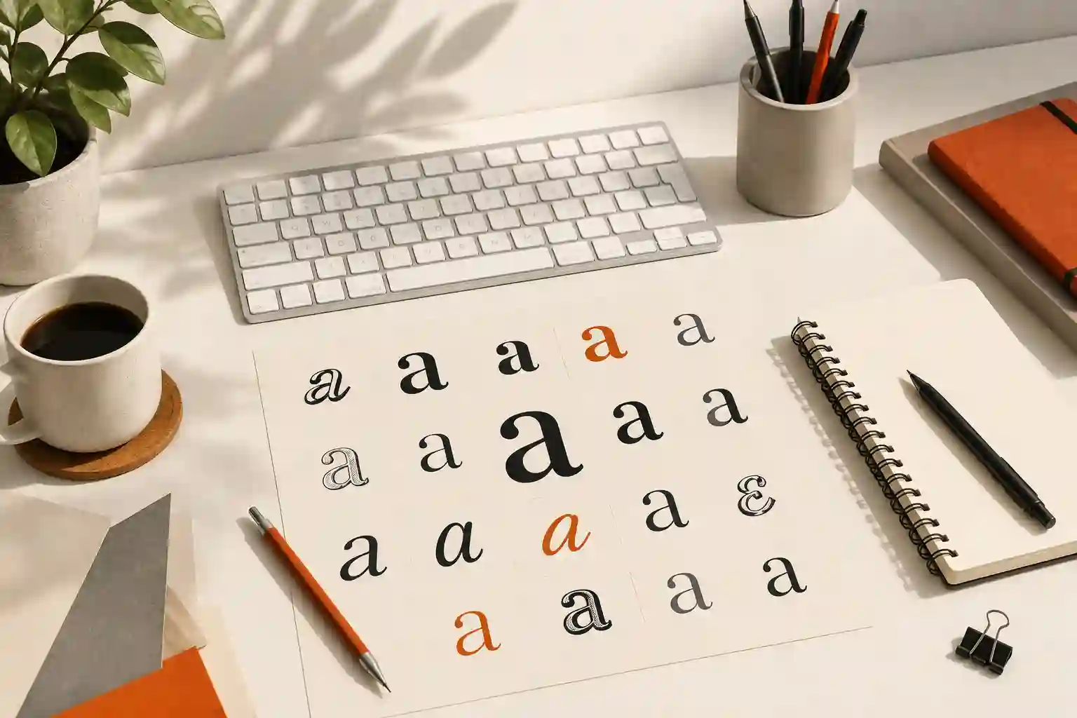 A designer's desk with a keyboard, notebook and a printed sheet of letterform specimens