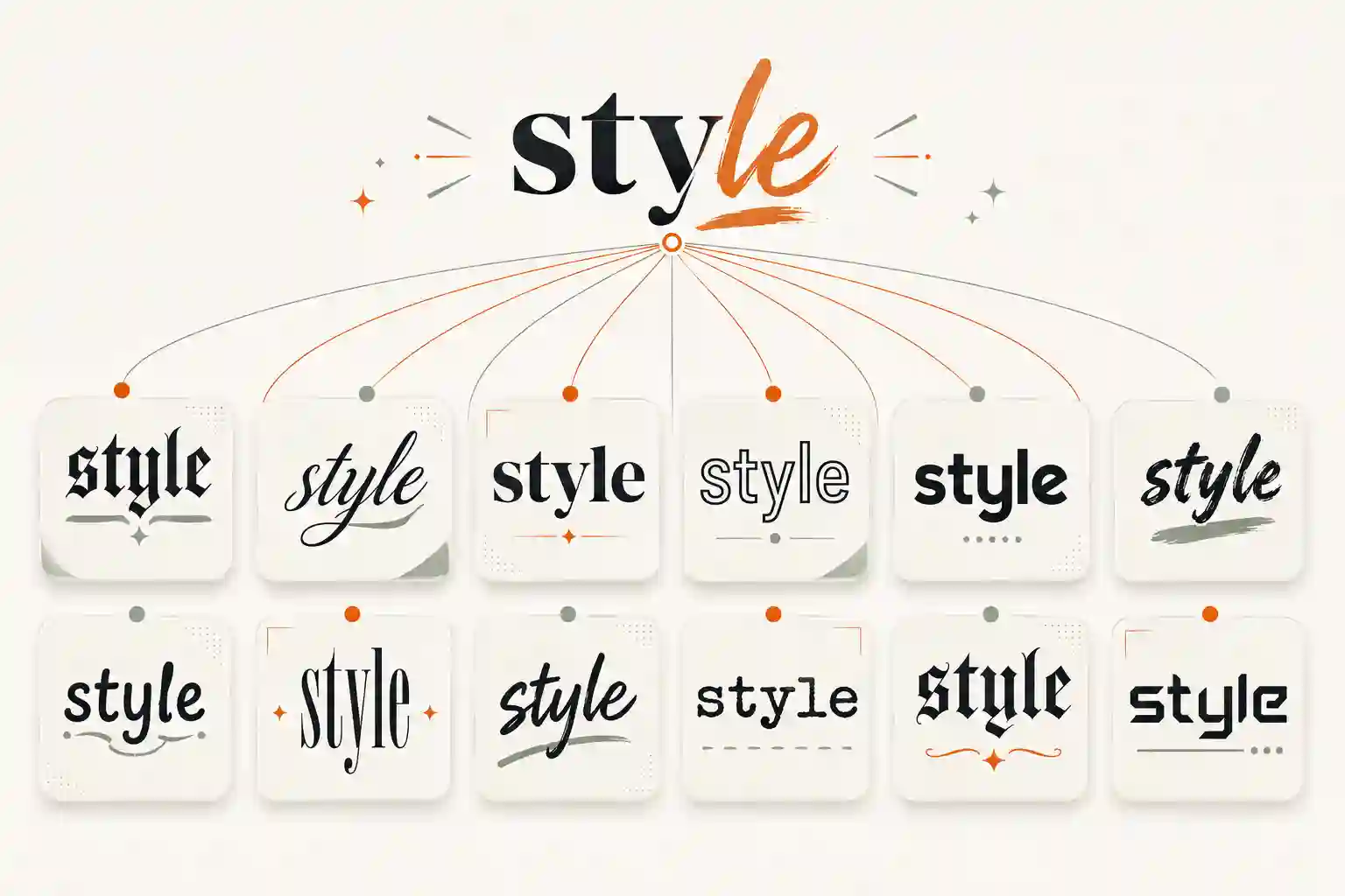 The word style shown in twelve different generated font styles branching from one source word
