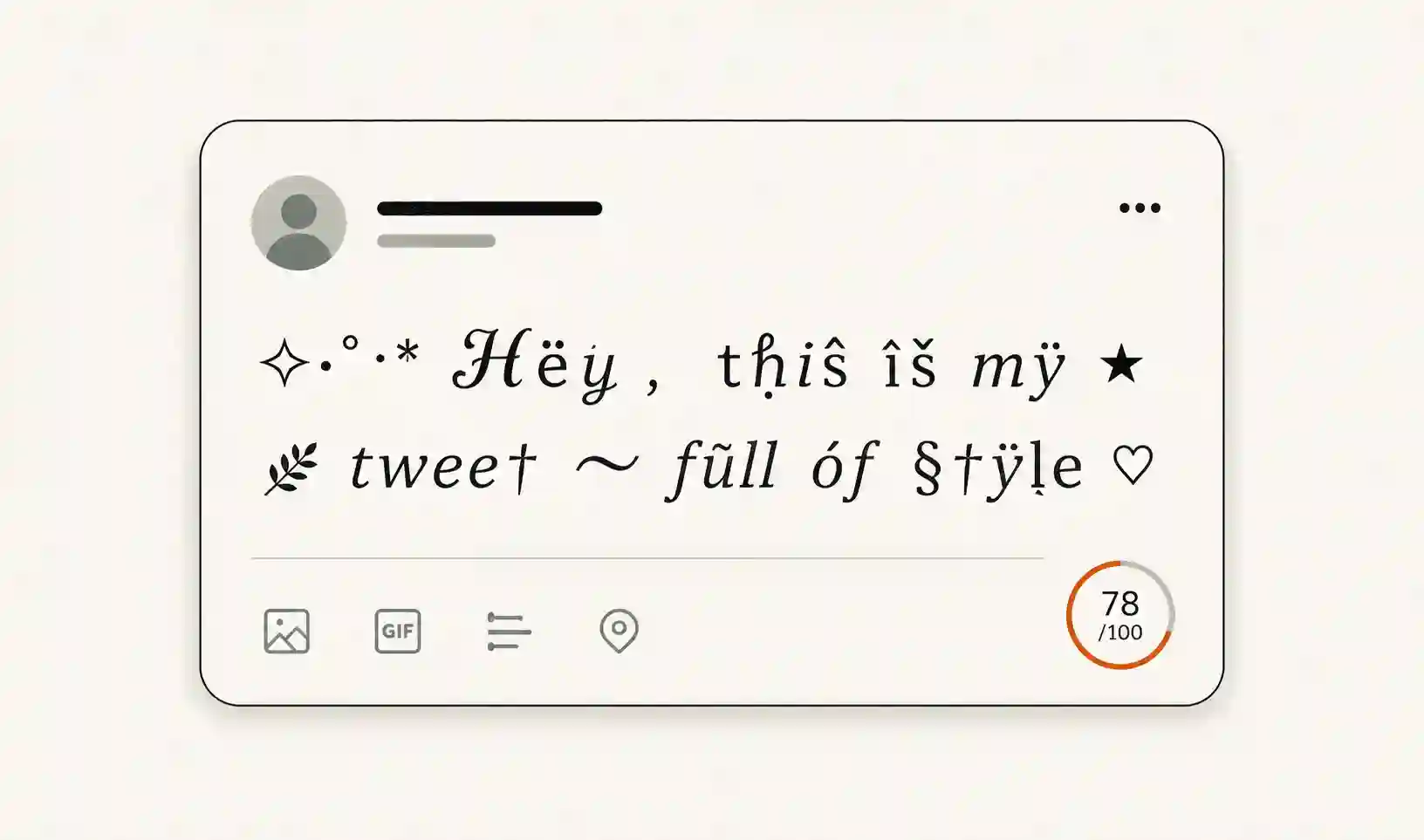 Twitter compose box showing a tweet written in fancy Unicode fonts with the character counter