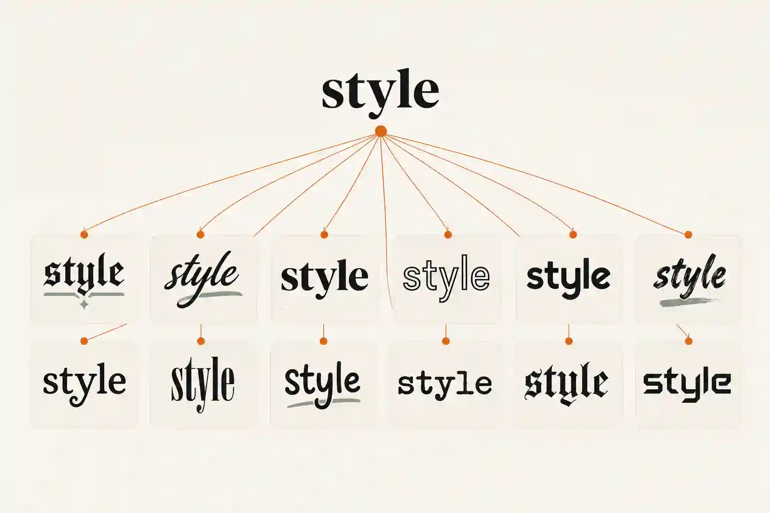 The word style branching out into twelve stylish text variations on separate cards