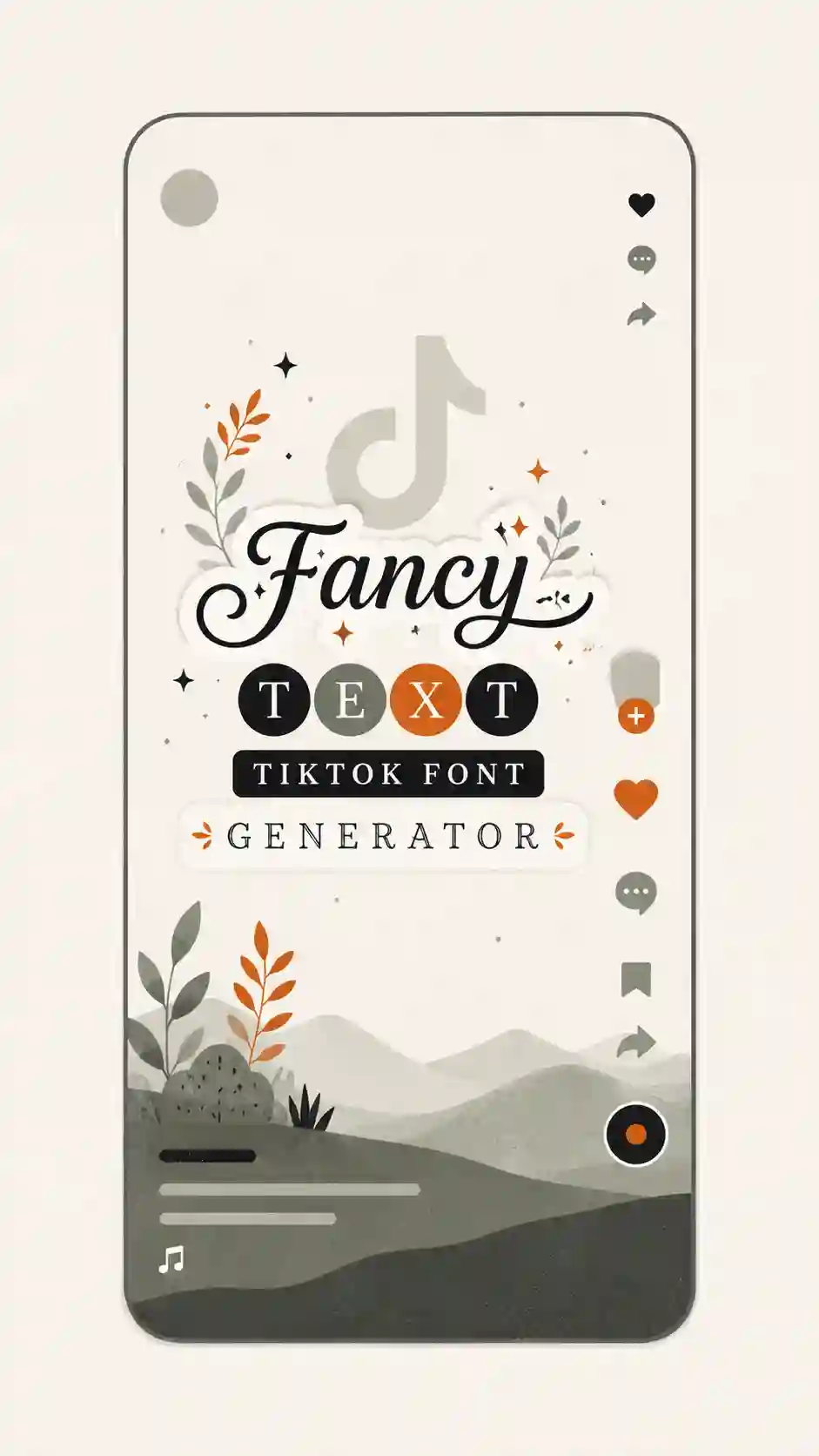 A TikTok screen mockup with the words Fancy Text TikTok Font Generator styled in script and display fonts